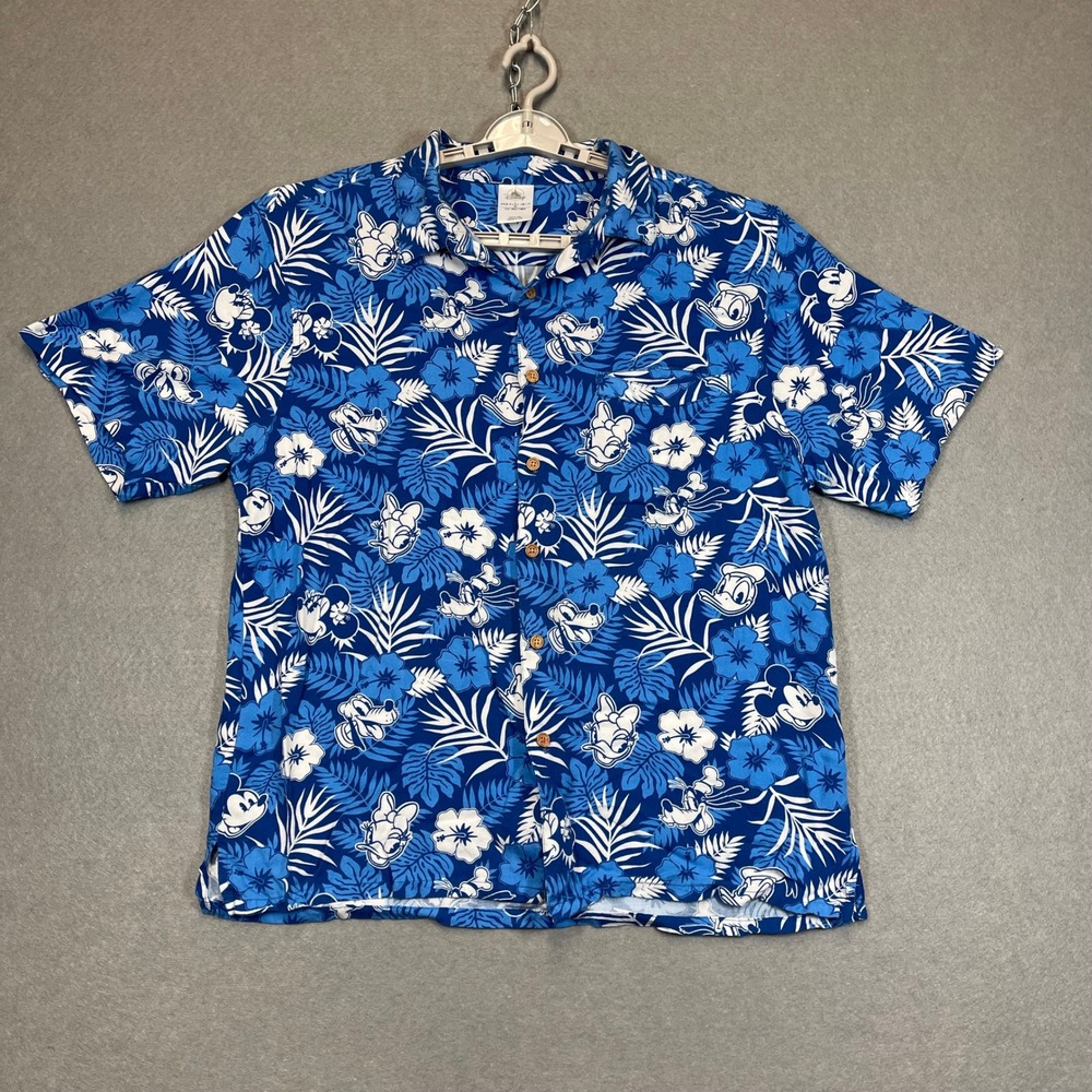 Disney Mickey Mouse Shirt Men Large Blue Aloha Hawaiian Tropical Hibiscus Flower